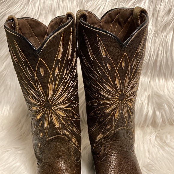 SOLD ❌Vintage ACME - Cowboy Boots Brown Leather w Gold Design Narrow Cowgirl - Picture 5 of 13